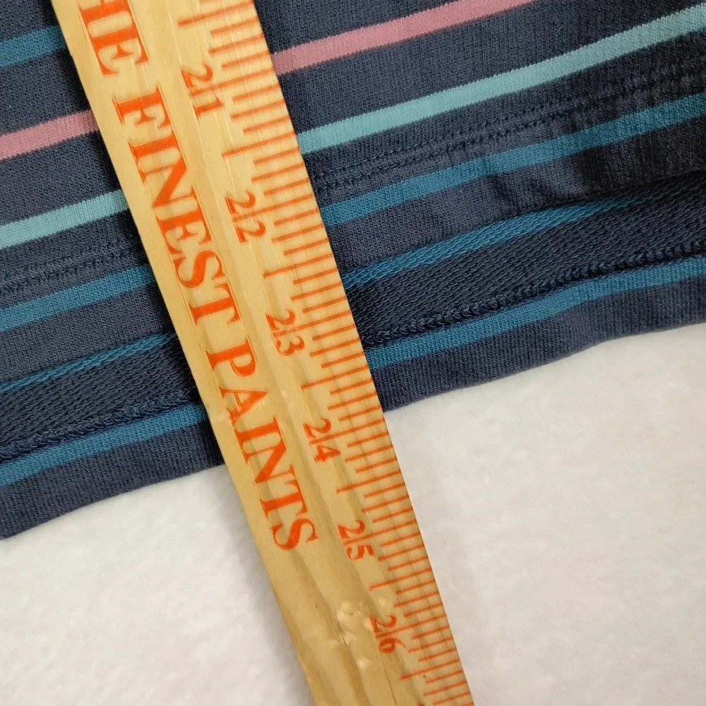 LL Bean Mens Small Striped Quarter Button Pullover Mock Neck Navy Blue Teal Pink